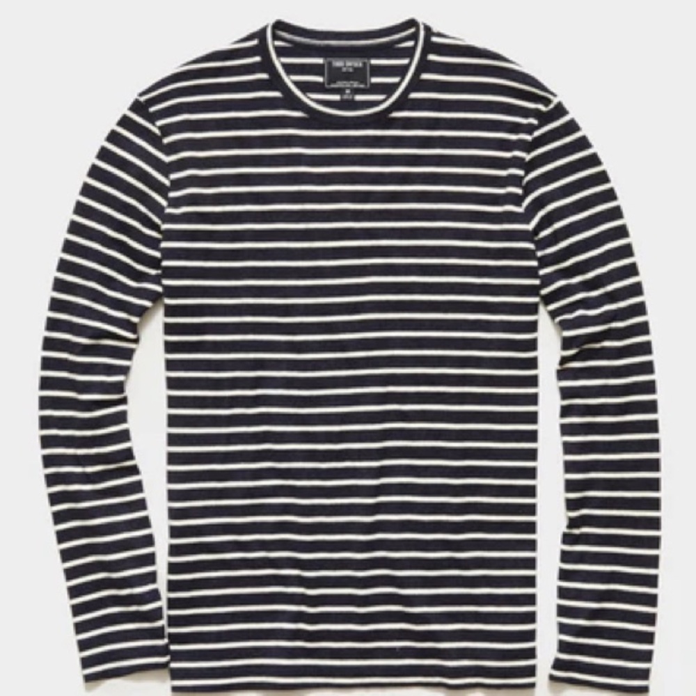 Men’s Todd Snyder Navy and White L/S Striped Top.of wool-like Japanese fabric.